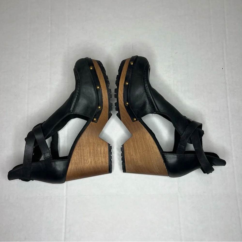 Free People Black Leather Salida Clog Wedges 8.5 - Picture 3 of 15